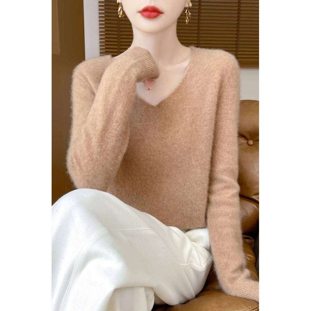 Autumn Winter Women Cashmere Casual V-neck Pullover 100% Merino Wool Knitwear Basic Bottom Sweater Korean Popular Z260313
