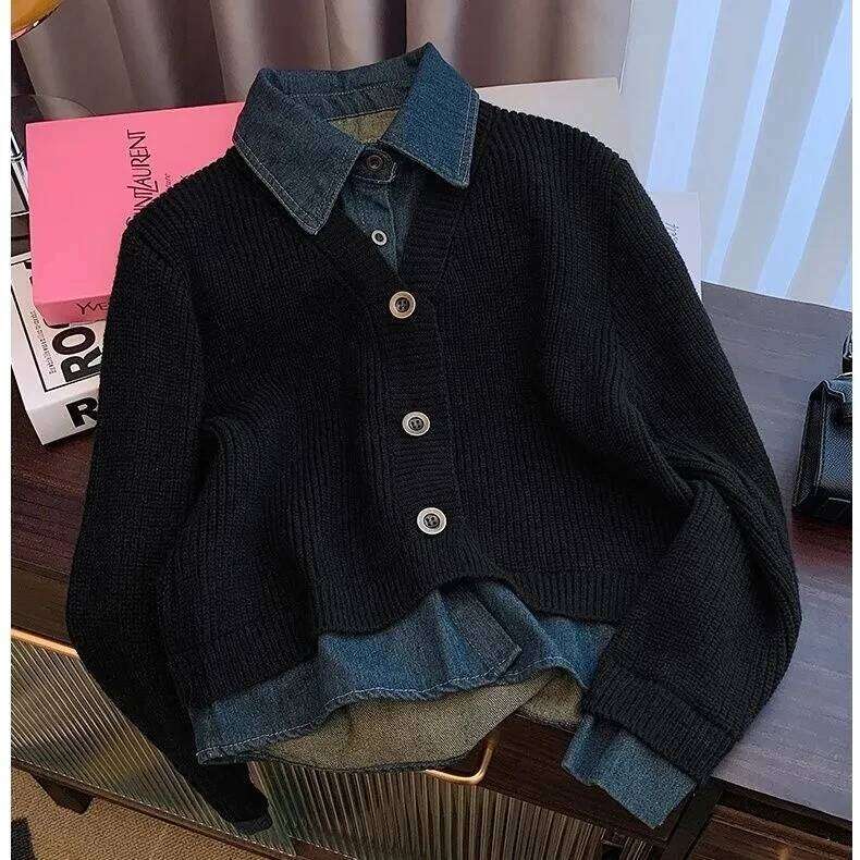 Fake two-piece Sweater Knitted Cardigan Women's Autumn Winter Design sense Polo collar Denim patchwork Long sleeved Loose Top Z260313