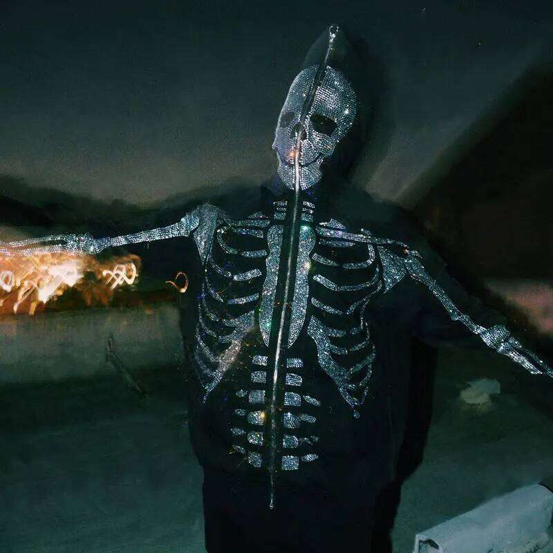 Gothic Long Sleeve Rhinestone Skeleton Y2k Jacket Men Hoodies Oversized Full Zip Hoodie Goth Sweatshirt Sport Coat Autumn 26Y0313