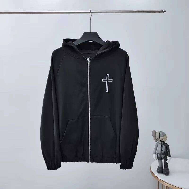 Black Zipper Cardigan Cross Logo Hoodie Jacket Men Women Best Quality Oversized Back Full Text Print Sweatshirts Y2k Z260315