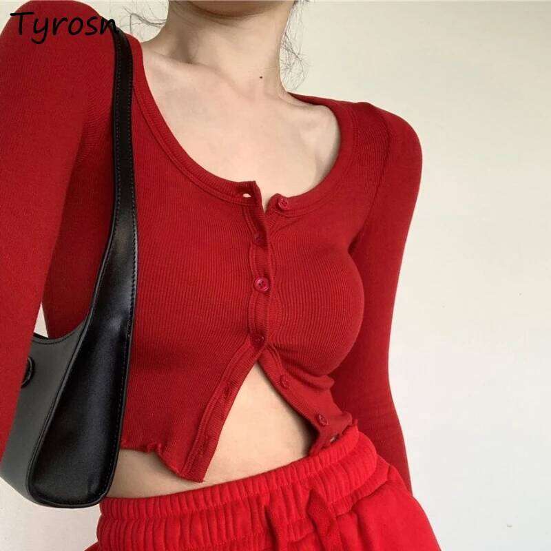 Korean Style Cardigan Women Buttons O-neck Long Sleeve Knittedwear Retro Bodycon Solid Causal Sexy Short Tops Hot Girls Fashion Z260314