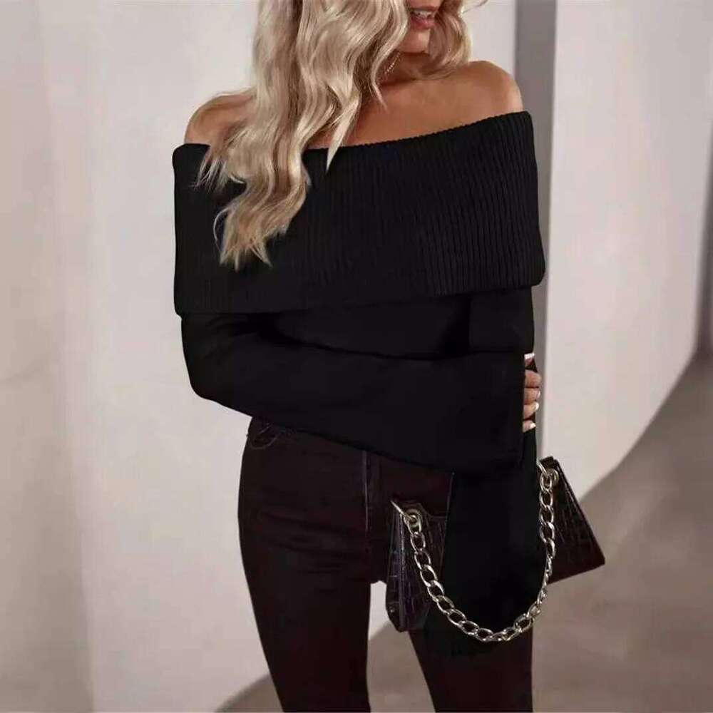 American European New Fashion Women's Slim Solid Color Simple Basic Casual Trendy Slash Neck Long Sleeve Knitted Sweaters Female Z260314