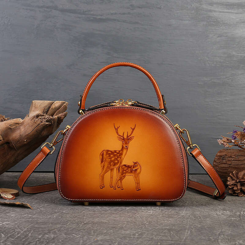 Luxury Vintage Crossbody Women S Bag New Model With Deer Embossed Design Genuine Leather Handbag Top Layer Cowhide Chinese Style Artistic Shoulder Dum