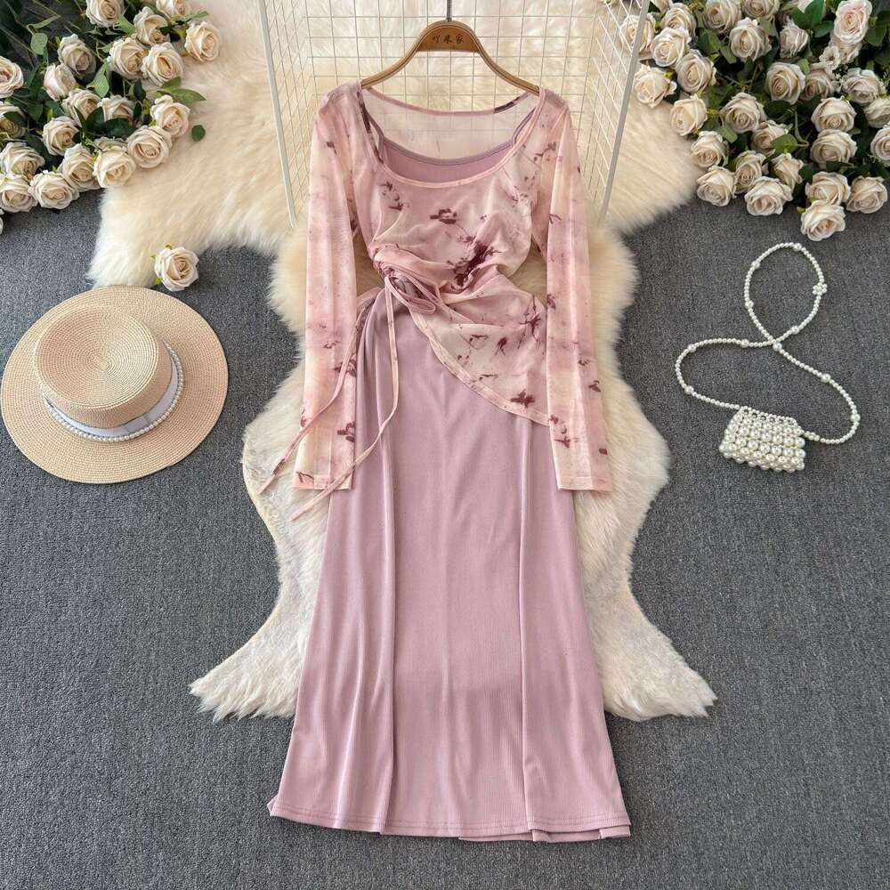 Light colored mature style drawstring irregular mesh print off shoulder T-shirt retro solid color camisole skirt two-piece set
