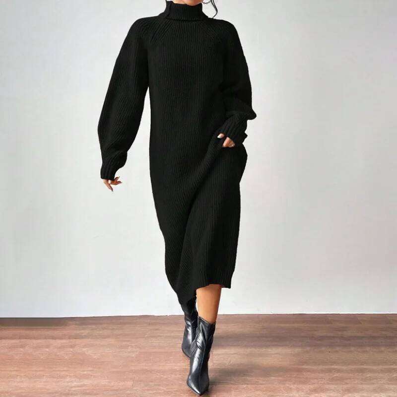 2025 New Winter Knit Dresses Women Turtleneck Straight Long Dress Autumn Solid Full Sleeve Thick Casual Vestidos Basis Lady Z260313