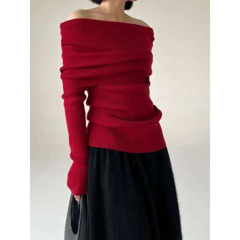 2025 Autumn Winter Off Shoulder Women Sweaters Elegant Vintage Knitted Solid Jumper High Stretch Top Soft Chic Pullovers Z260313