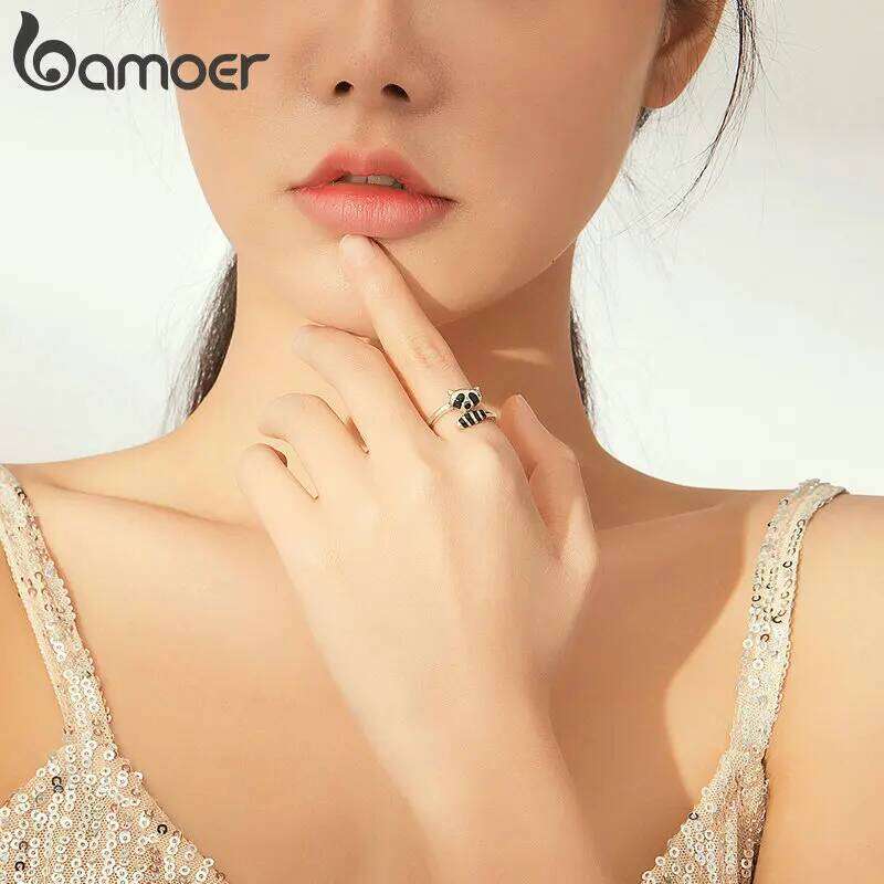 BAMOER Authentic 925 Sterling Silver Black Enamel Raccoon Finger Rings for Women Adjustable Free Size Fine Jewelry SCR652 H260312