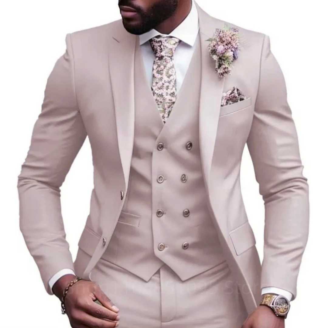 Casual Jacket Vest Pants 3Pcs Elegant Pink Wedding Suits for Men Slim Fit Notch Lapel Blazer Best Man Groom Suit Male Tuxedo Set M260313