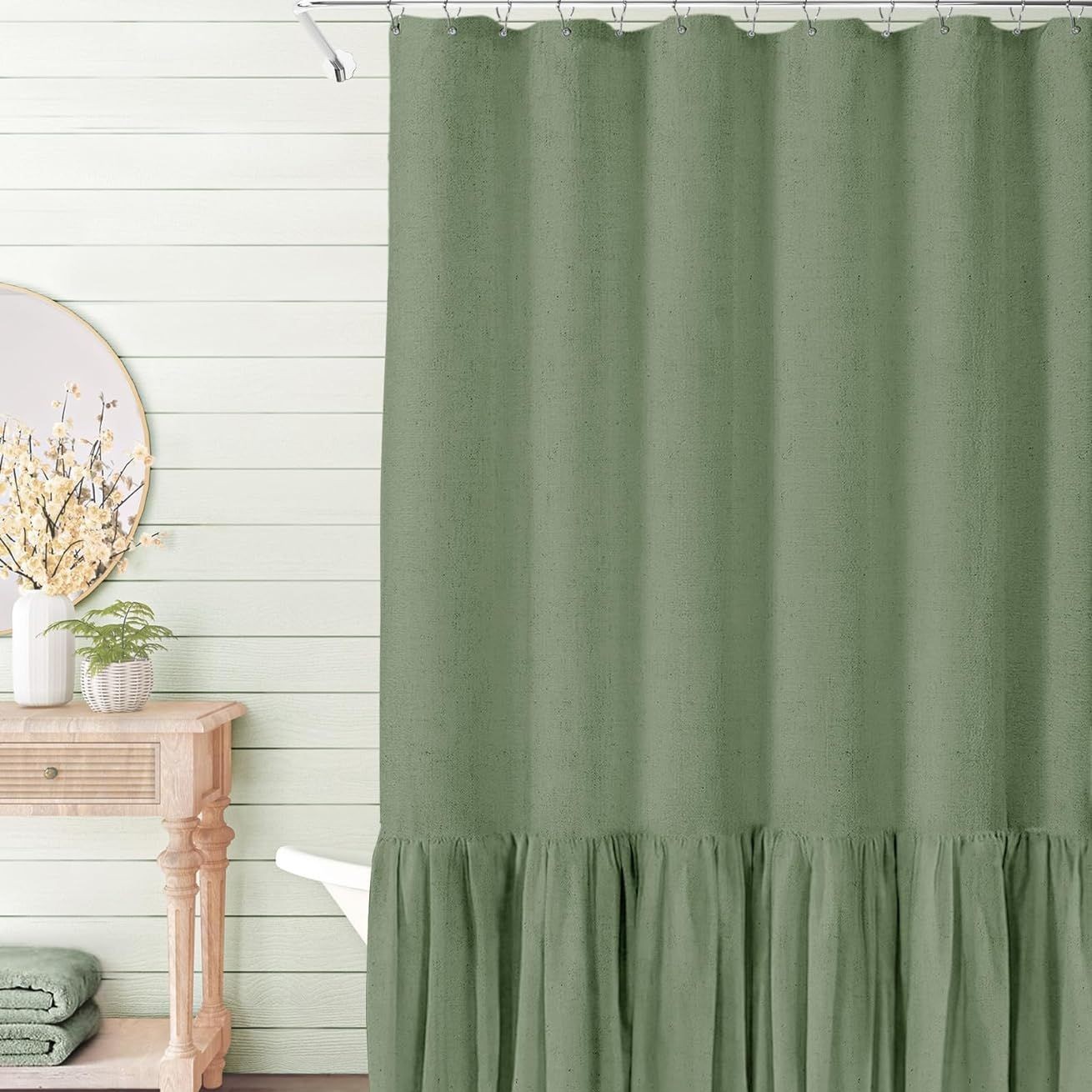 YL-38342 Toilet Partition Curtain with Lace Trim, Plain Color Patchwork Skirt Hem, Cotton Linen Waterproof Ruffle Edge, Linen