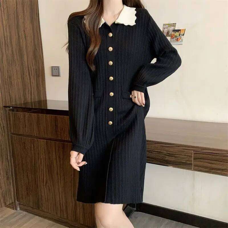 Casual Doll Collar Knitted Midi Dress Women's Clothing Solid Color Spring Autumn Single-breasted Long Sleeve Straight Dresses Z260313