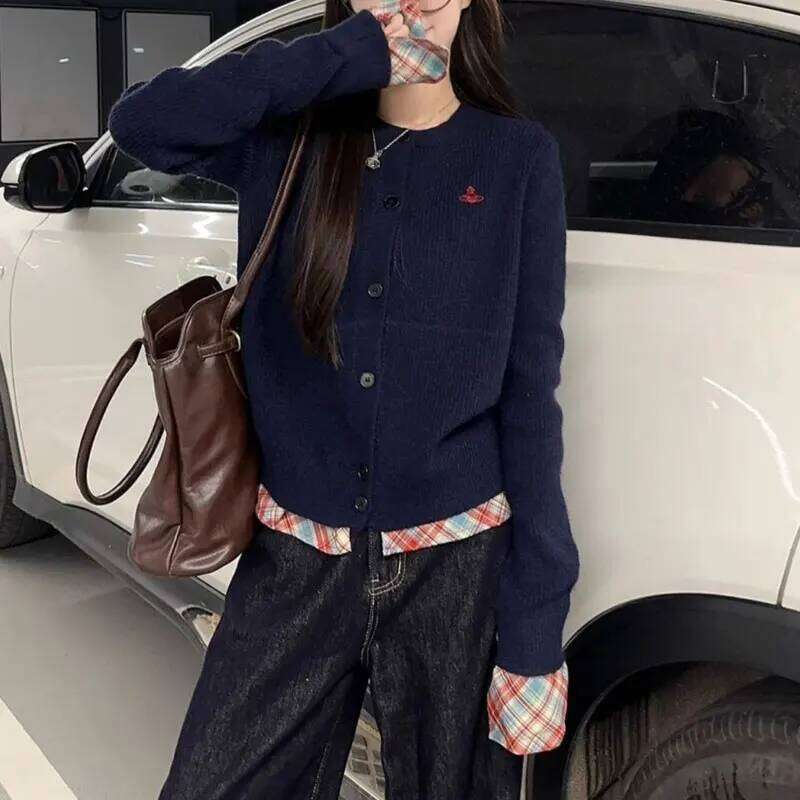 Vintage Plaid Patchwork Sweaters Female Clothing Korean Fake Two Pieces Autumn Winter Fashion Embroidery Loose Knitted Jumpers Z260314