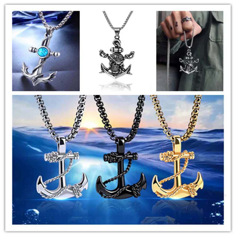 Wu's 2022 Double Sword Pirate Titanium Steel Retro Halloween Skull Ghost Head Anchor Necklace Imitation Turquoise Ancho H260312