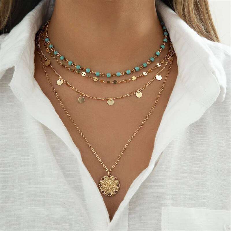 New Fashion Geometric Sequins Tassel Choker for Women Boho Star Moon Pendant Multi Layered Chain Necklace Party Jewelry H260312