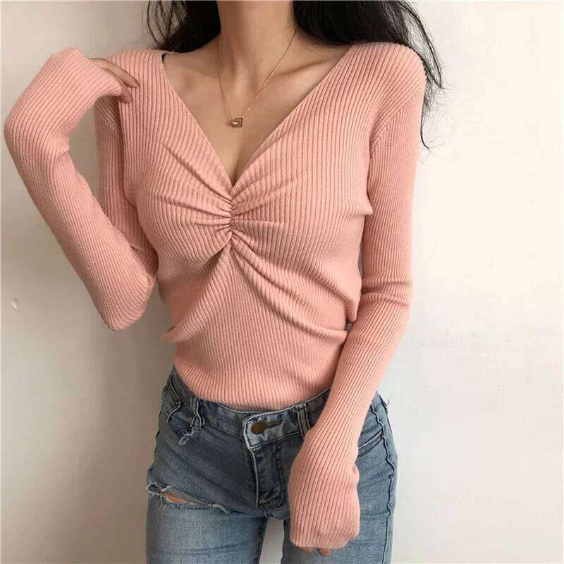 Women Sexy V Neck Sweater Autumn Knitted Pullover Jumper Chic Soft Slim Long Sleeve Female Basic Top New Winter Z260314