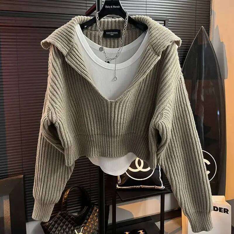 Autumn Jacket Women Sweater Knit Pullover Lazy Y2k Clothes Cropped Tops Long Sleeve Loose Design Knitwear Streetwear Z260313