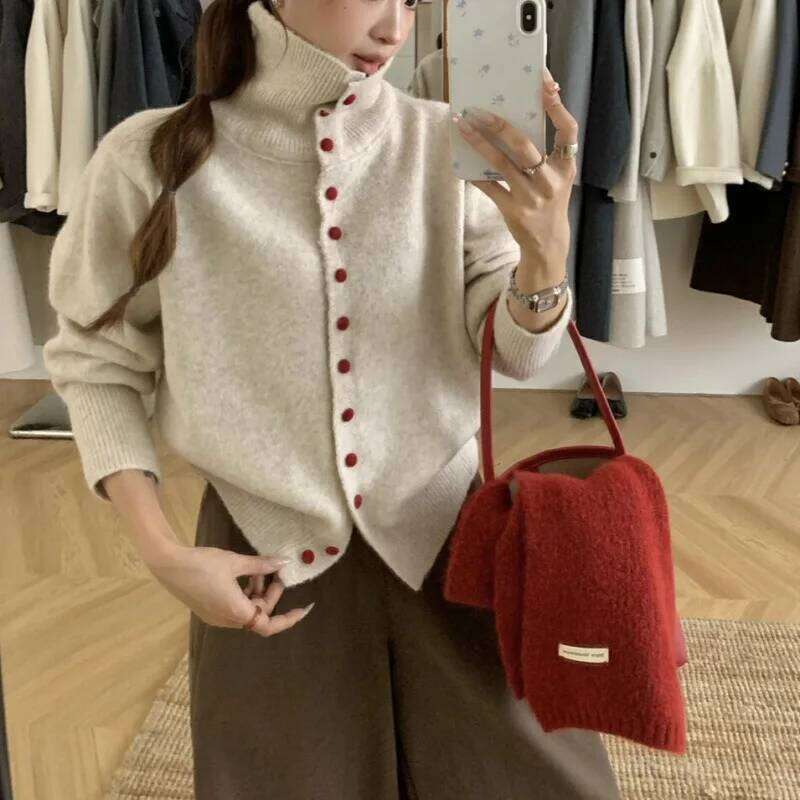 Cardigans Casual High Neck Knit Loose Single Solid Breasted Coats Lazy Style Outerwear For Women In Autumn Winter Z260313