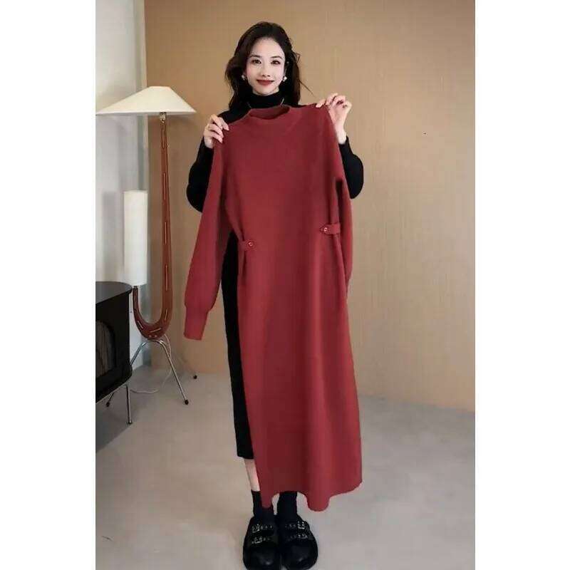 High-end Button Waist Design Thickened Sweater Women's Knee-length Mid-length Bottoming Knitted Dress Autumn and Winter Z260313
