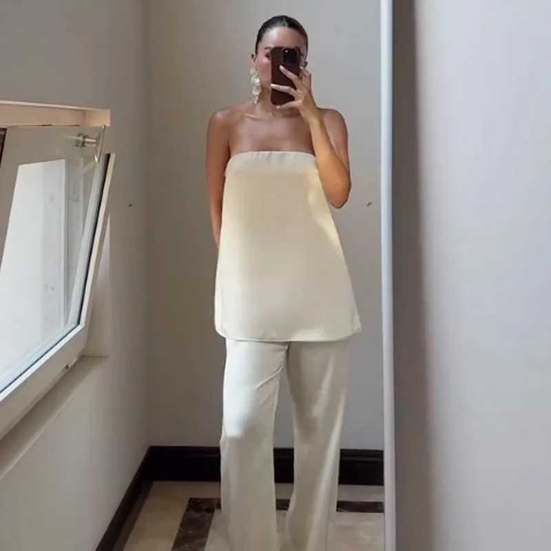 HXAO Satin Pant Sets Womens Two Pieces Set Strapless Off Shoulder Tube Vest 2 Piece Sets Woman Outfit High Waist Trousers Sets M260313