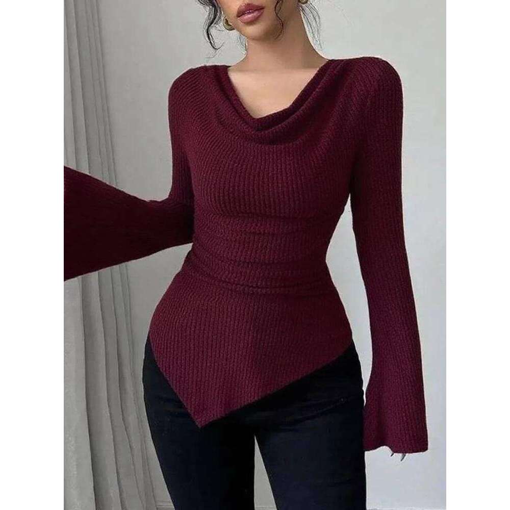 2025 autumn and winter women's pit stripe base shirt, off shoulder slim fit knitted long sleeved top, hot selling commuting styl Z260313