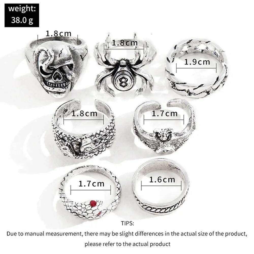 Y2K Trendy Punk Hip Hop Stainless Steel Men Ring Vintage Spider Bat Skull Two-headed Snake Rings Jewelry Gothic Accesorios Set H260312