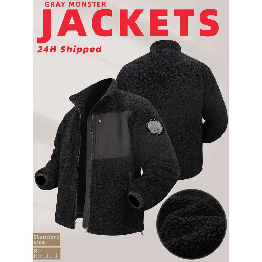 Men's Faux Fur Long Sleeve Warm Polyester Polar Fleece Cotton Padded Coat Full-Zip Thick Stand Collar Jacket with Pockets Z260313