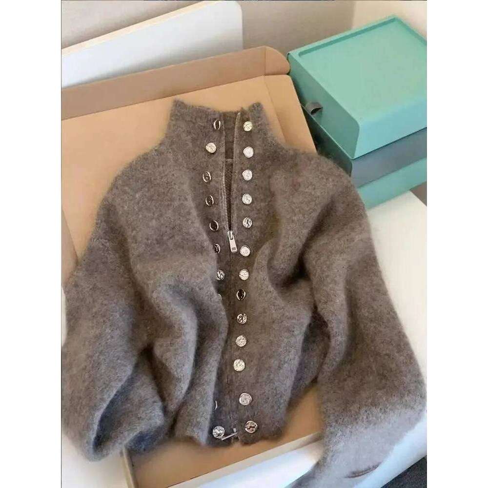 Luxury Fluffy Knitted Cardigan Design Double Breasted Sweater Coat Women Autumn High-end Lazy Zipper 2000s Y2k Knit Top Z260313