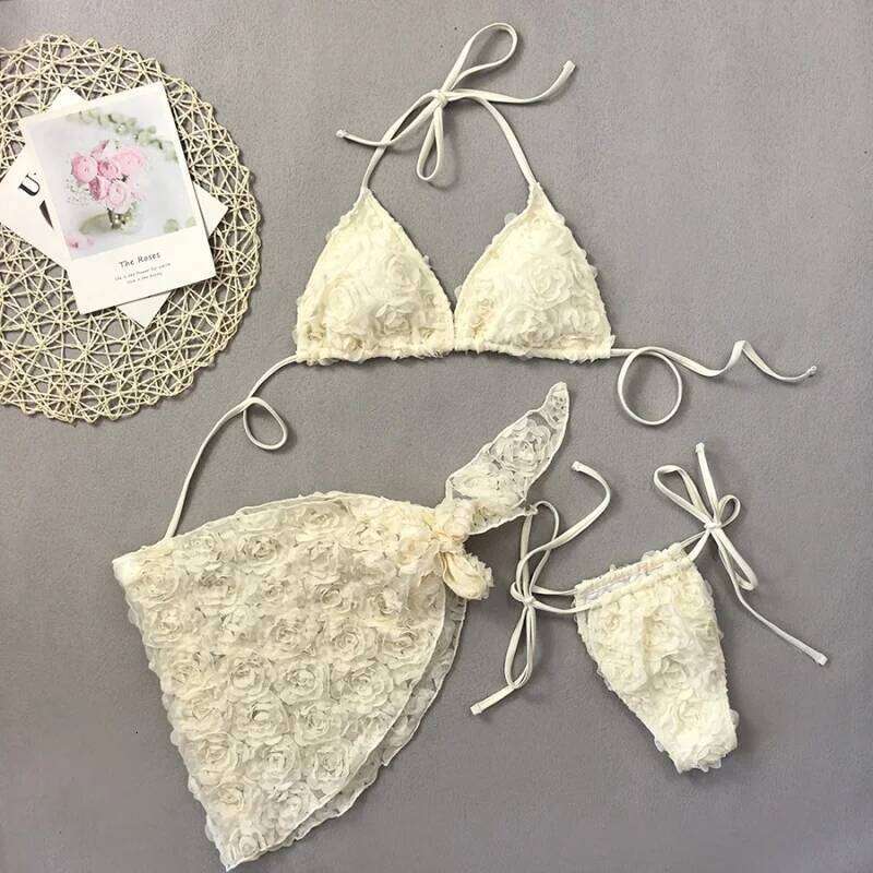 Set Women 2 Piece Swimsuit Chic Floral Sexy Triangle Halter Micro Bikini Bandage Cover Up 2025 New Beachwear Bathing Suit Y260303