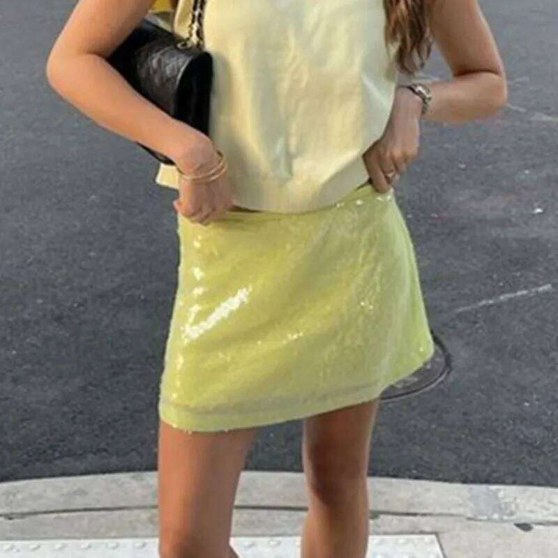 Sequined Mini Women Fashion Party Club New in Glitter Faldas Para Mujeres Light Yellow Side Zip Women's Y2K Skirt Z260314