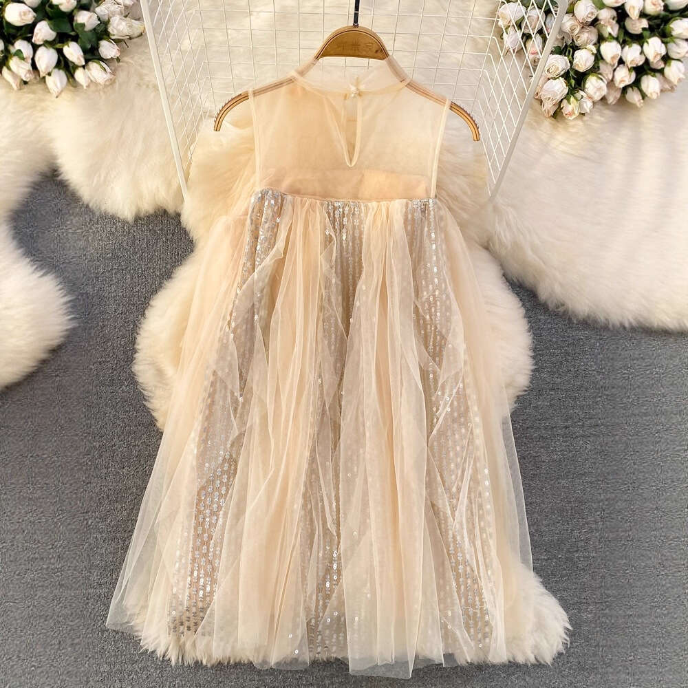 Designer French Sweet Fairy Skirt Gentle Style Loose fit Round Neck a20 Sleeveless Glitter A-line Mesh Skirt