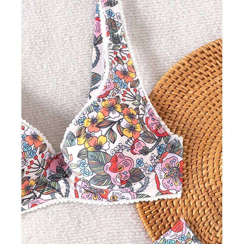 Sexy Bikini 2025 Women Flower Print Push Up Swimsuit Soft Split Bathing Suit Gathered Bra Low Waist Bikinis Sets Beach Swimwear Y260303