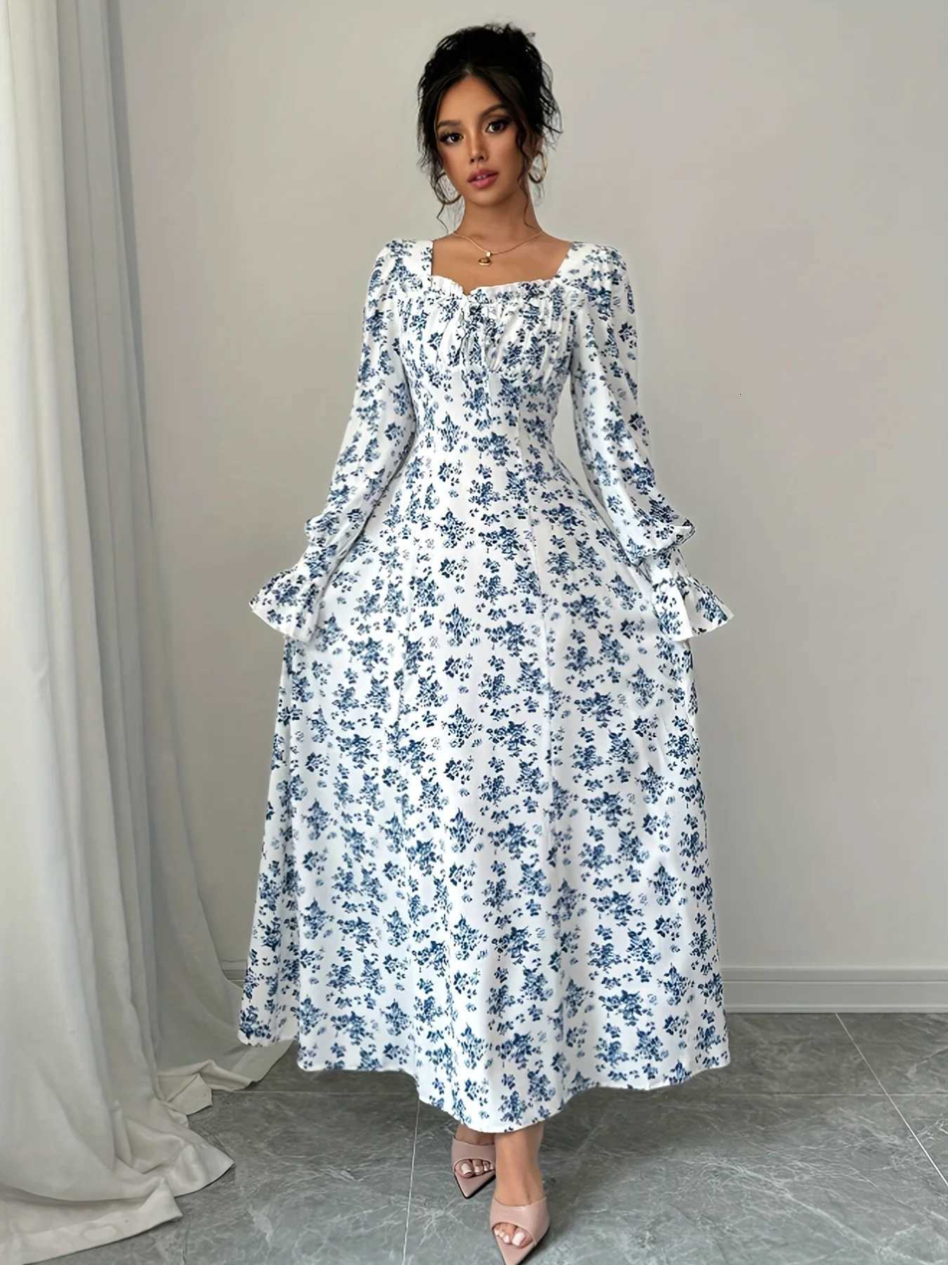 Womens Blue Floral Print Maxi Dress Square Neck Long Sleeve Casual Boho DressT260314