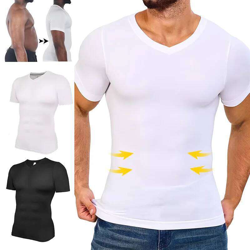 Men V Neck Compression Shirts Short Sleeved Body Shaper Slimming Undershirt Workout Abs Abdomen Tummy Control Shapewear Tops 26Y0313