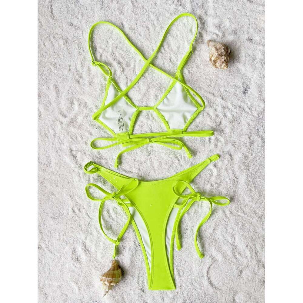sexy bandage halter bikinis two pieces green tie high waist swimsuit Swimwear Biquini conjunto de bikini tankini Y260303