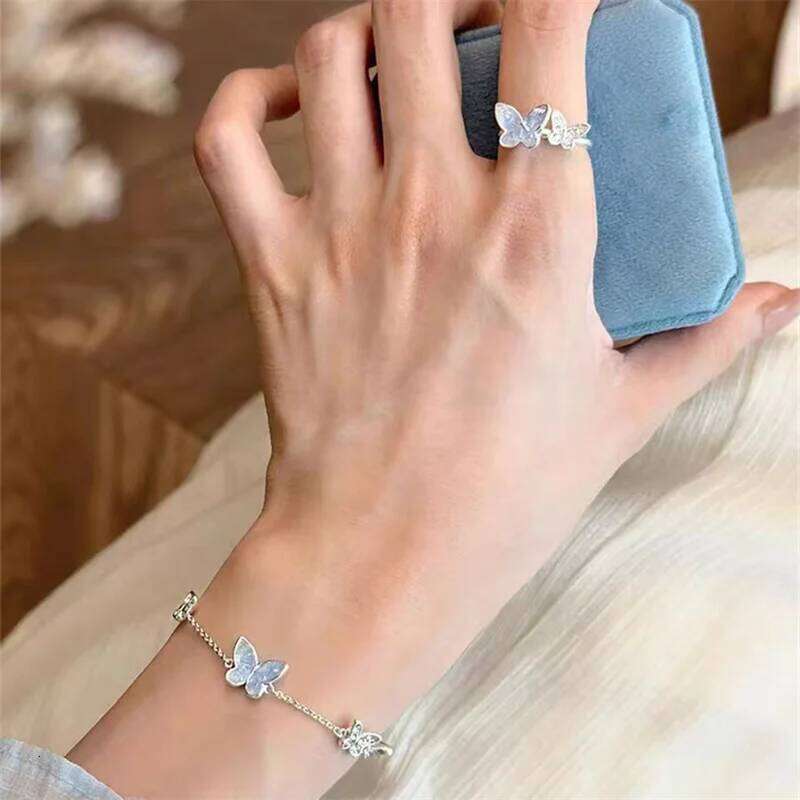 Fashion Silver Color Crystal Butterfly Jewelry Set Adjustable Bracelet Earrings Necklace Ring for Women Handmade New Year Gift Z260313
