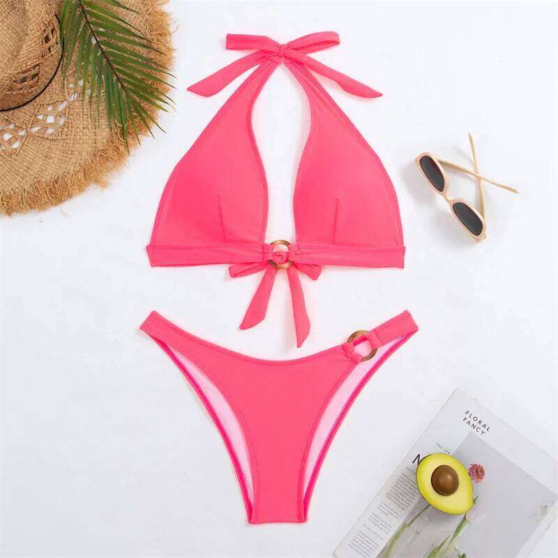 New Sexy Bikini Sets Women 2 Piece Swimsuits Solid Halter Swimwear Watermelon Red Bathing Suit Padded Back Tie Beachwear Y260303