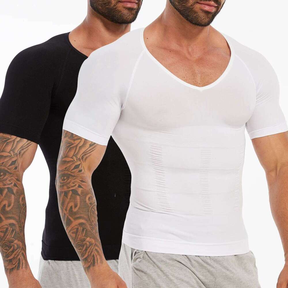 Men's Short Sleeve Compression T-Shirt V-neck Shapewear Tummy Control Flat Belly Tank Top Fitness Workout Slimming Body Shaper 26Y0313