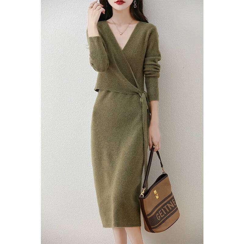 Women V-neck 100% Merino Wool Dress Sweater Autumn Winter Crossing Lace-up Long Sleeve Pullover Knit Skirt Office Lady Knitwear Z260314