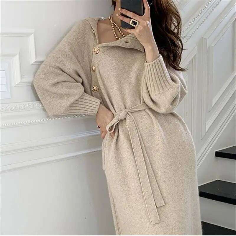 Vintage Chic Dresses Autumn Winter Women Solid Turtleneck Button Bandage Fashion Long Sleeve Loose Loog Straight Knitted Dress Z260313