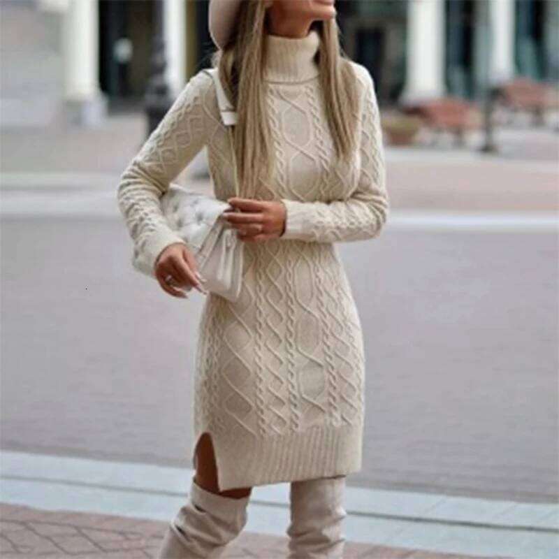 Knitted Women High Neck Slim Solid Wool Mini Fashion Ladies Basic Long Sleeve Winter Autumn Warm Dresses Z260314