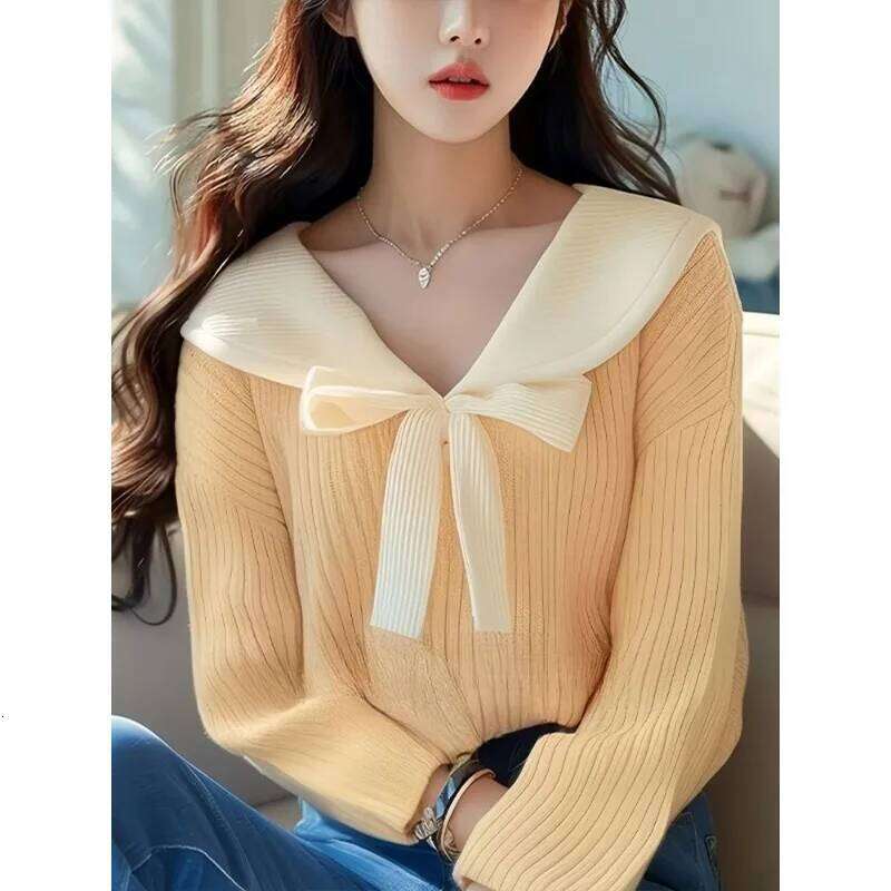 Lapel Bow Soft Sweater Knitted Pullover 2024 Early Autumn New Office Lady Gentle Long-sleeved Versatile Commuter Top Z260313