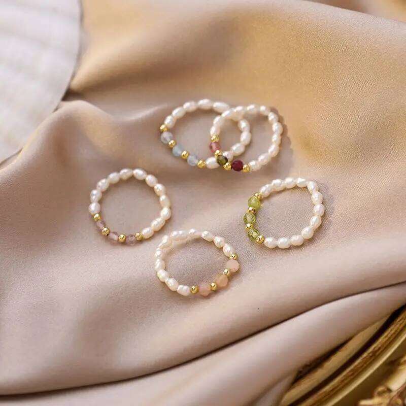 New Retro Crystal Beaded Rings Natural Freshwater Pearl Geometric Ring for Women Korean Minimalist Girl Party Jewelry Gift H260312