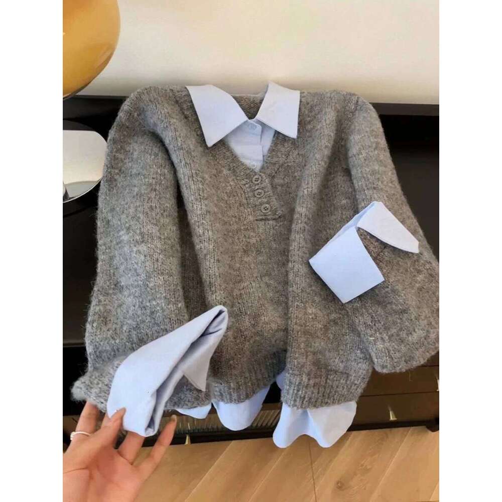 Women's New Style Grey Blue Contrast Sweater Fake Two Piece Stacked Spring Autumn Korean Turn-down Collar Design Knitted Top Z260313