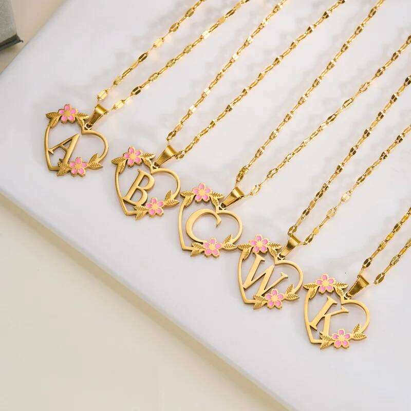 Stainless Steel Heart A-Z Letter Lady r Necklace Flower Pendant Initials Fashion Jewelry Valentine's Day Gift H260312