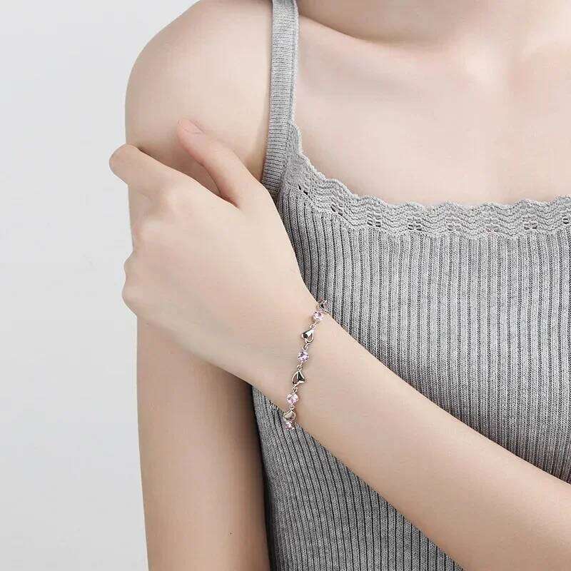 925 Sterling Silver Heart Shaped Bracelet For Women Retro Korean Versatile Pink Crystal Charm Bracelets Original Party Jewelry Z260313