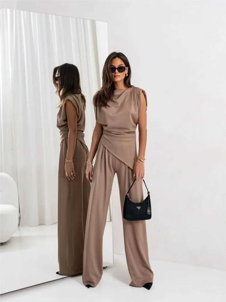 Summer Fashion Solid Two Piece Sets For Women Elegant Slim Office Suit Casual Irregular Top Wide Leg Trousers Female Pants Sets M260313