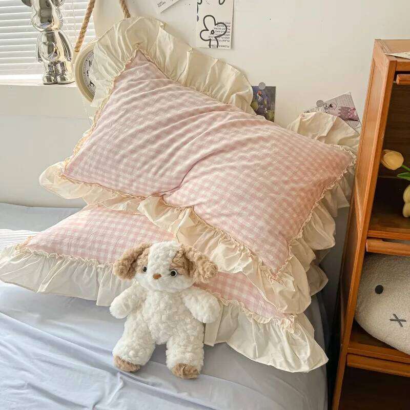 Ruffled Pink Blue Set Twin Queen Washed Microfiber Ultra Soft Bedding set Grid Duvet Cover Bed Sheet 2 Pillowcases H260312 - view 7
