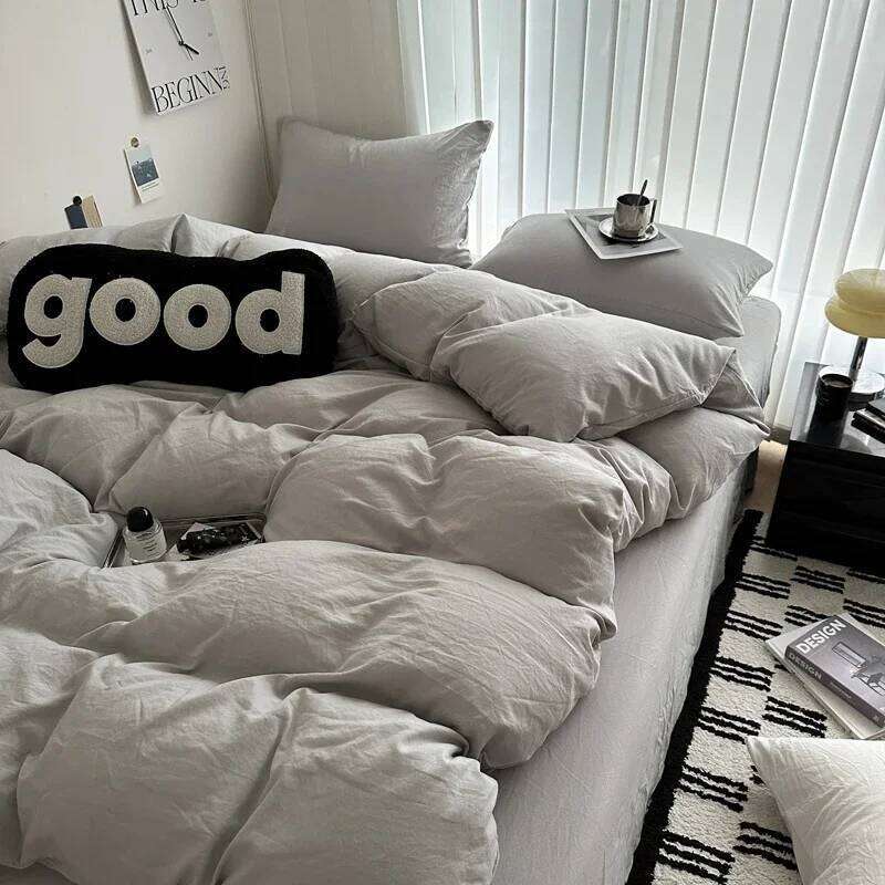 Bed Linen Solid Cotton Bedding Set with Sheet Duvet Cover Pillowcases Single Couple Bedsheet King Queen Double Twin Size H260312 - view 3
