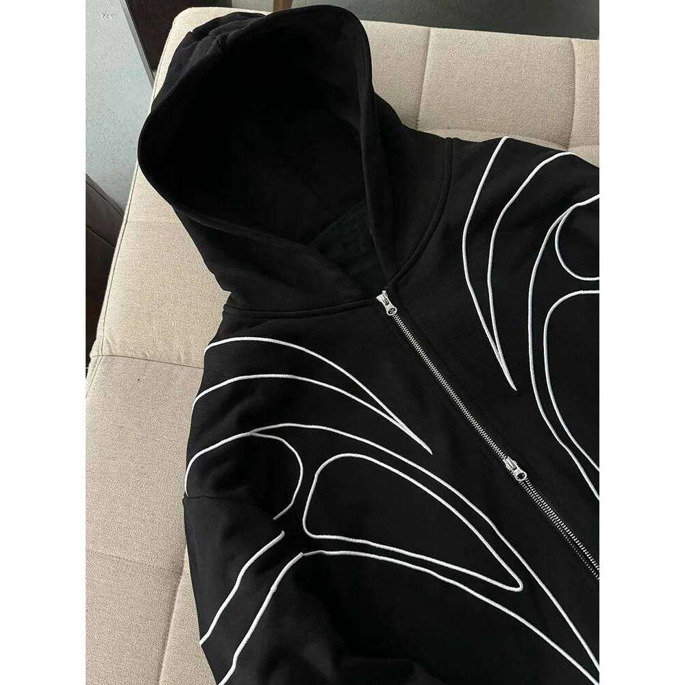 Street Retro Fashion Clothing Striped Embroidered Black Double Zipper Hoodie American Hip-hop Punk Oversized Sweatshirt women 26Y0313