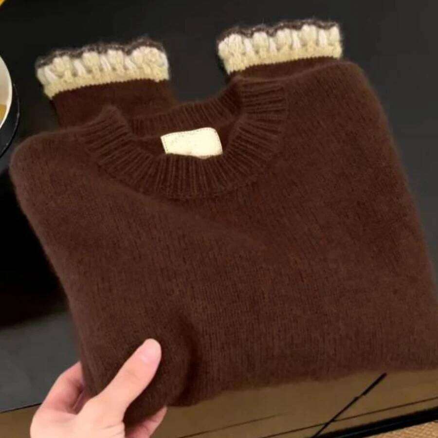 Korean Coffee Round Neck Sweater For Women Thickened Autumn Winter Soft Loose Lazy Style Splicing Colored Knitted Pullover Z260313