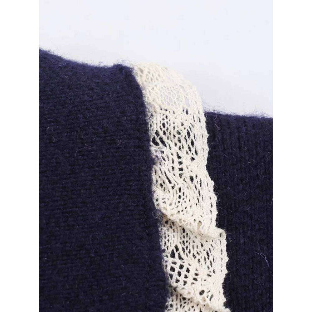 European style new arrival women's fashion versatile long-sleeved knitted cardigan jacket with lace trim and small round collar. Z260313
